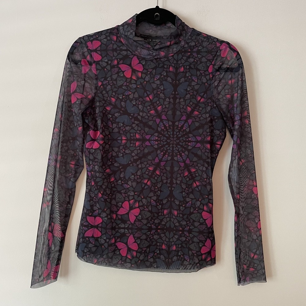 Ted Baker Sheer Mesh Butterfly‎ Long Sleeve Top Sz 2 Whimsigoth Trippy Retro Y2K